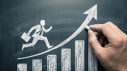 Businessman running up growth chart on chalkboard for business development concept
