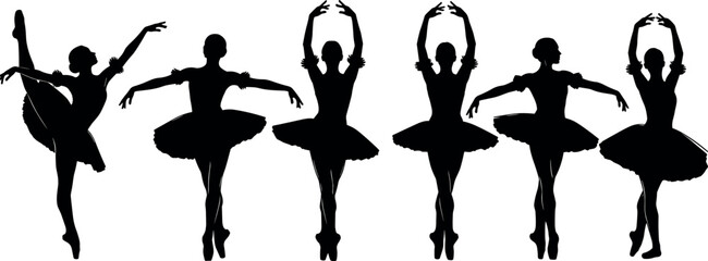Elegant ballerina silhouettes in classical ballet poses, tutu dancers, graceful movement vector illustration set - flavector © Emon