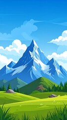 A serene mountain landscape with lush green grass and blue sky