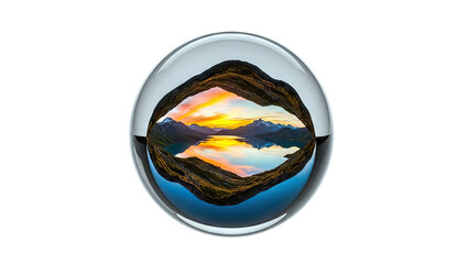 Crystal ball captures dramatic sunset over a mountain lake