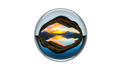 Crystal ball captures dramatic sunset over a mountain lake