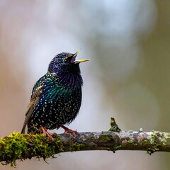 Iridescent starling perched atop a mossy branch, beak open, against a blurred backdrop of natural light