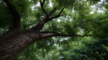 Upward view looking into the lush green canopy and thick branches of a majestic mature tree