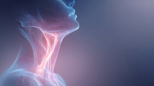 Transparent human neck anatomy with highlighted throat muscles and soft tissue in blue and pink light on dark background
