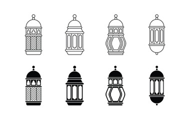 Set of Ramadan Lantern Line Icons and Black Silhouettes with Various Designs
