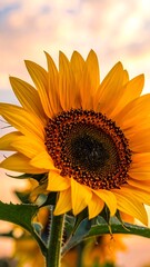 Warm sunflower blossoms bright against soft skies in a vertical composition, showing nature's artistry