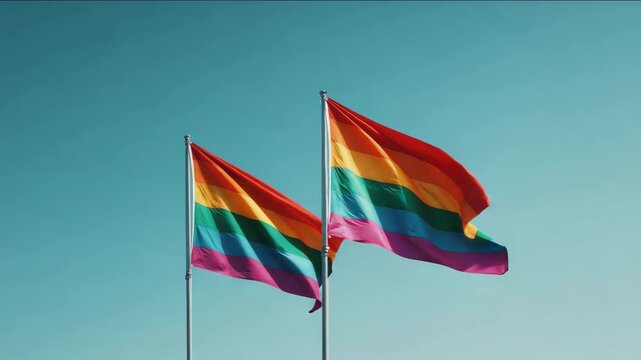 Two rainbow pride flags waving in wind under clear blue sky on a sunny day. LGBTQ rights and equality