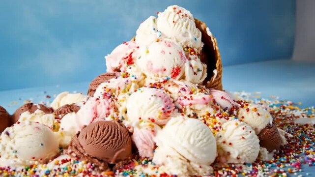 Overflowing ice cream cone with colorful sprinkles on a vibrant background