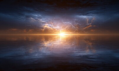 Obraz premium Electric Horizon: A stunning visualization of a dramatic sunset, where fiery light explodes across the sky, electrifying the clouds above a calm water surface.