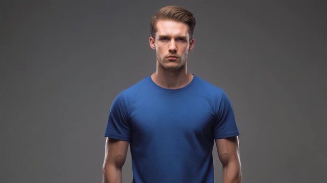 A young man wearing a blue t-shirt stands confidently in a studio setting with a neutral background and a direct viewpoint