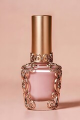 Elegant glass nail polish bottle with golden decorative cap, luxury cosmetic concept, studio lighting, isolated on pastel background.