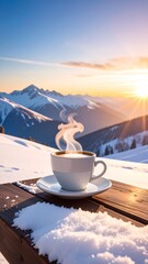 A serene mountain scene with a steaming cup of coffee on a snowy table