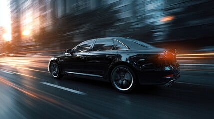 Sleek black car in motion captured with motion blur, driving fast along a multilane city road with dramatic lighting.