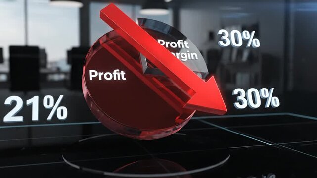 Red arrow pointing down on a red sphere labeled Profit Margin in a dark office environment from a low angle viewpoint