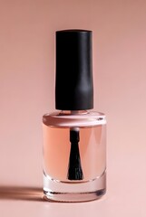 Peach colored nail polish bottle with smooth finish, soft lighting, modern beauty cosmetic product isolated on minimal pastel background.