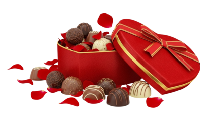 Red heart gift box PNG with assorted chocolates ribbon rose petals for Valentine’s Day romantic luxury love celebration gifting visuals