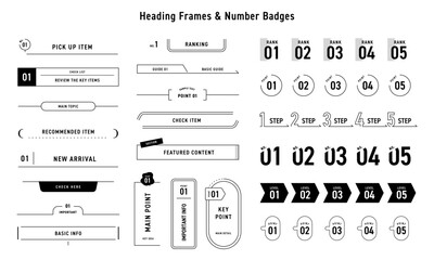 Monochrome Number and Heading Label Set, Step and Point Design, Vector