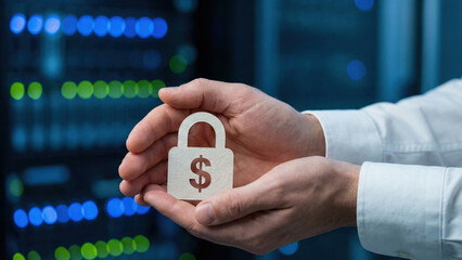 Business high level planning concept for secure finance budget with money lock symbol in hand against data server background