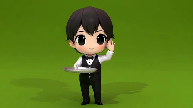 Cute chibi waiter character waving on green background