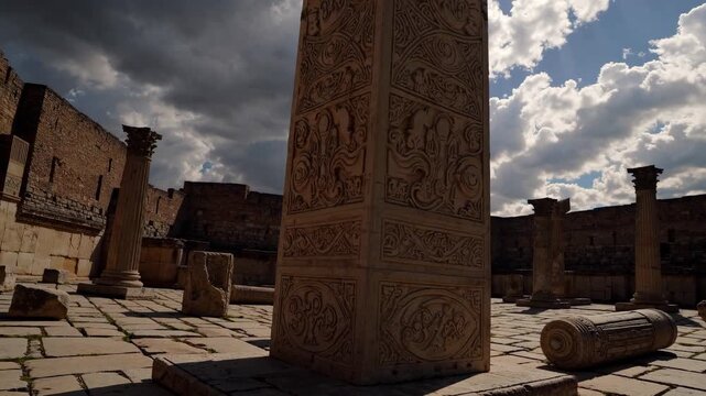 Low-angle video of ancient ruins with ornate columns under a dramatic cloudy sky, capturing historical architecture and atmosphere.