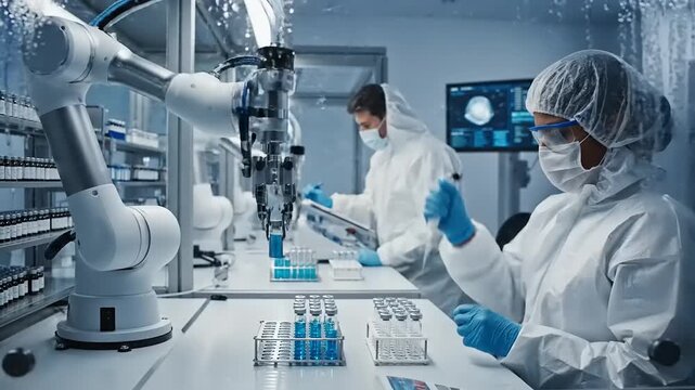 Laboratory technicians with robotic arm analyze vials in a modern lab