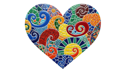 Heart-shaped mosaic PNG with vibrant geometric patterns colorful tiles for Valentine’s Day romantic expressive multicultural decorative love visuals