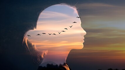 A serene double exposure image combining a woman's profile silhouette with a colorful sunset sky and a flock of birds flying
