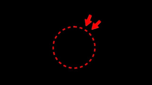 Red dashed circle animation with two pointing arrows highlighting a specific area on a black screen. 