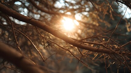 Golden sunlight filters through intricate tree branches creating a warm and serene atmosphere