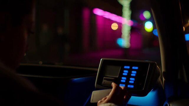 A Close-Up of a Driver Interacting with a High-Tech Control Panel Amidst a Vibrant Nighttime Cityscape with Colorful Lights