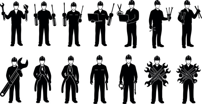 Industrial Worker Silhouette Collection Showing Technician Mechanic Engineer Tools Maintenance Construction Safety Vector Illustration Set