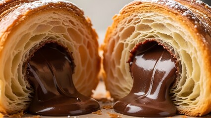 Two delectable croissants sliced open, revealing a generous amount of molten chocolate oozing temptingly from their flaky centers
