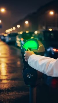 Nighttime Transformation of a Street Parking Meter: From Unlit to Illuminated, Showcasing the Shift in Functionality and User Engagement in Urban Spaces