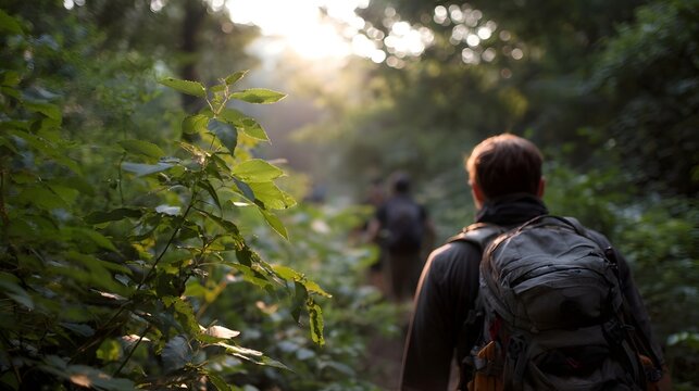 Hikers with backpacks walk on a forest trail at sunrise bathed in golden light