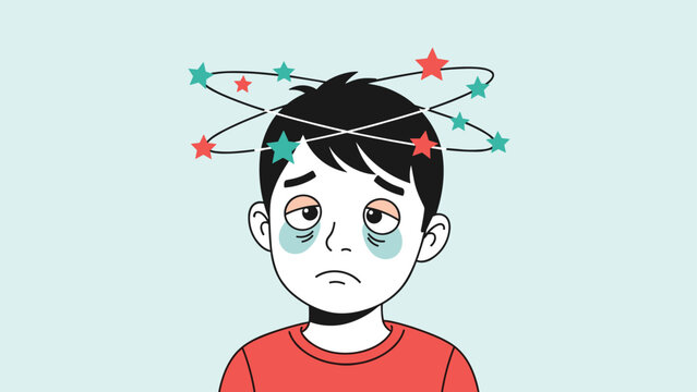 Sick boy looking dizzy with colorful stars spinning around his head and dark circles under his eyes on a light background.