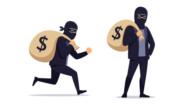 Two burglars wearing black masks and suits carry large sacks filled with money and dollar signs while running away from a crime scene.