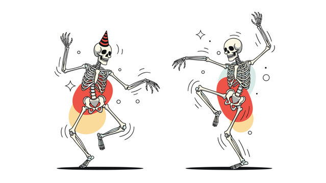 Two funny skeletons dancing at a party with festive hats and colorful abstract shapes representing a spooky yet joyful celebration.