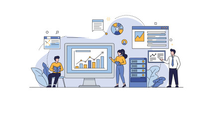 Business team analyzes financial data and growth charts on a large computer monitor in a modern office environment.