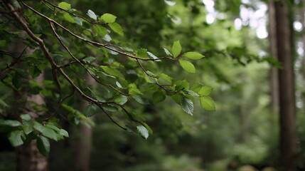 Fototapeta premium Lush green leaves and branches in a serene forest setting with soft bokeh background