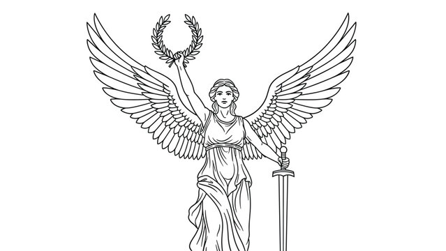 Classical line art drawing of a winged goddess holding a laurel wreath and a sword symbolizing victory and divine power.