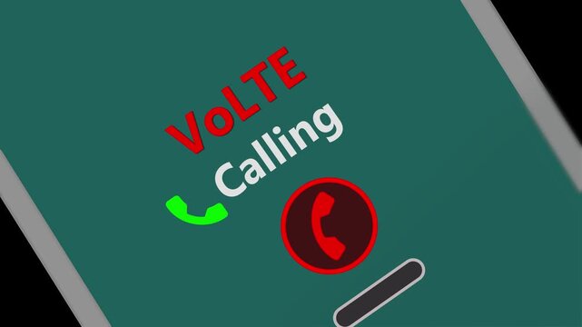 Incoming VoLTE call screen animation with answer and decline icons, mobile voice over LTE communication interface on dark tilted smartphone background