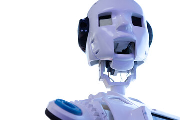 Horizontal portrait of robot with open mouth on white background
