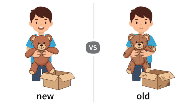 Comparison between a new teddy bear in a box and an old worn-out teddy bear with cracks and dirt representing the passage of time.