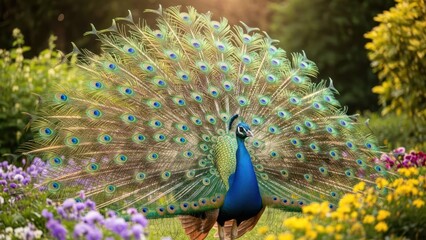 Obraz premium A peacock displays its vibrant tail feathers in a lush garden