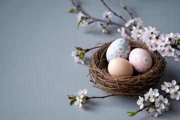 Fototapeta premium A high-quality still life photograph of a bird's nest with three eggs against a soft gray background.