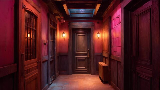 Narrow haunted house corridor with animatronic props, motion sensors. Dark dungeon room with chains, red lighting. Jump Scare Corridor Design, a mysterious and classical ambiance.