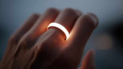 Futuristic smart ring glowing bright light on finger showing mysterious power technology concept innovation electronic wearable device
