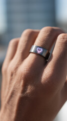 Closeup of hand with smart ring showing glowing heart symbol expressing love and modern tech connection lifestyle outdoors