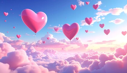 A serene sky scene with heart-shaped balloons floating among fluffy clouds