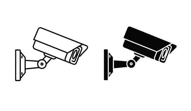 Two security cameras in black and white line art style